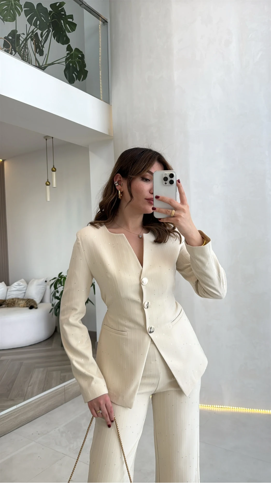 Sim ve Pul Detay Ceket Pantolon Takım - Taş - Kod: 80322