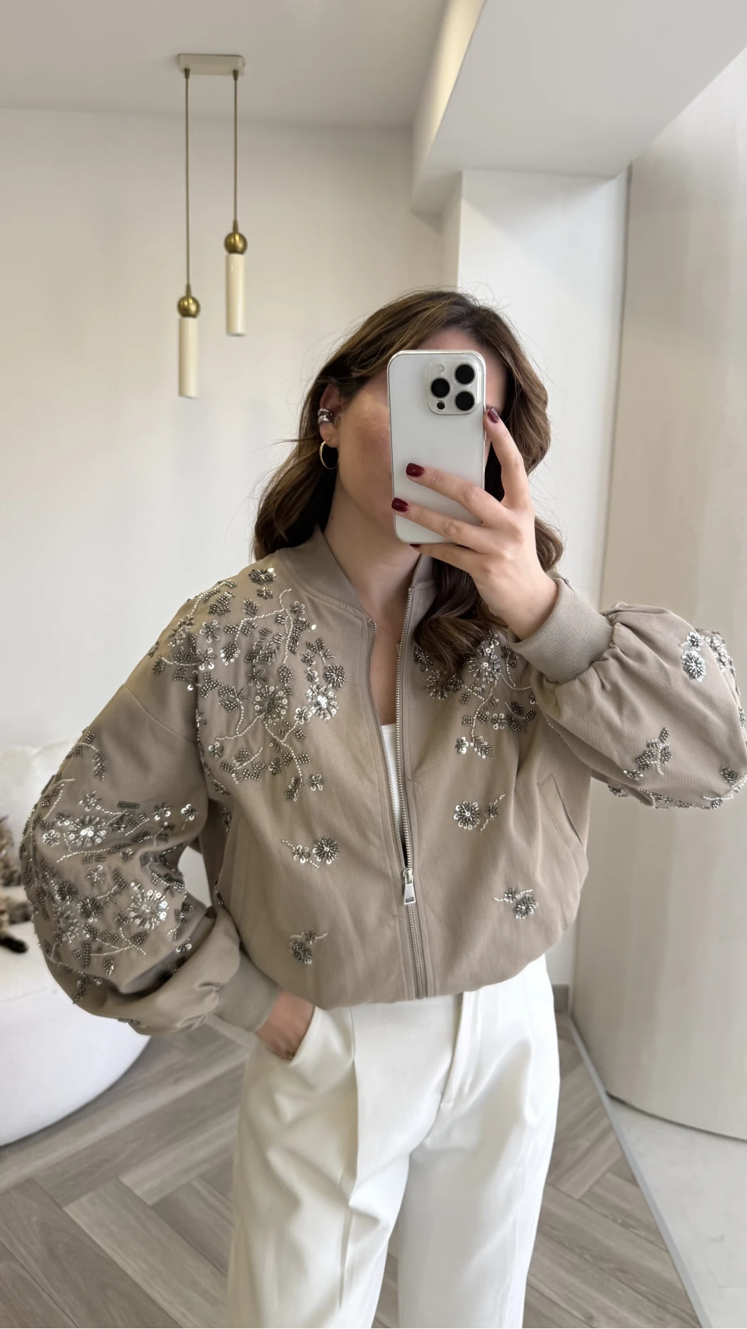 Premium Taş Pul Detaylı Pamuklu Ceket - Vizon - Kod: 99927