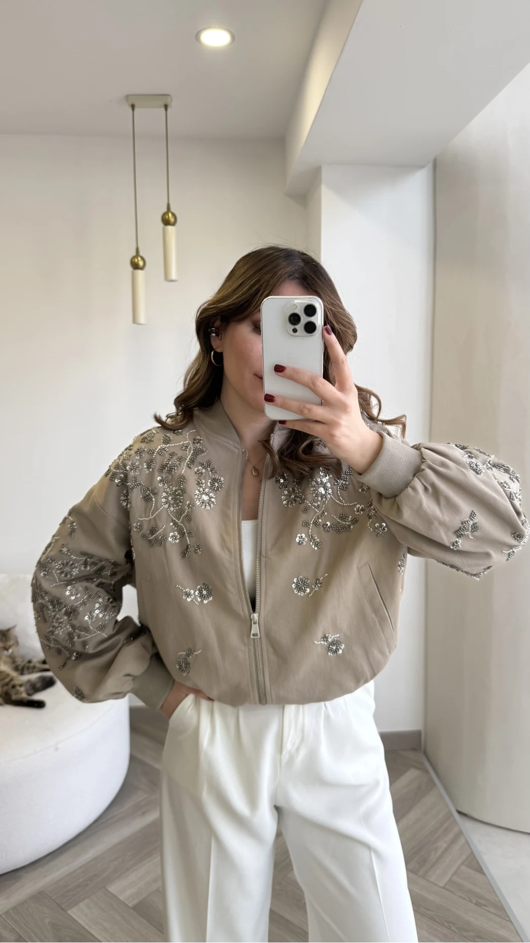 Premium Taş Pul Detaylı Pamuklu Ceket - Vizon - Kod: 99927