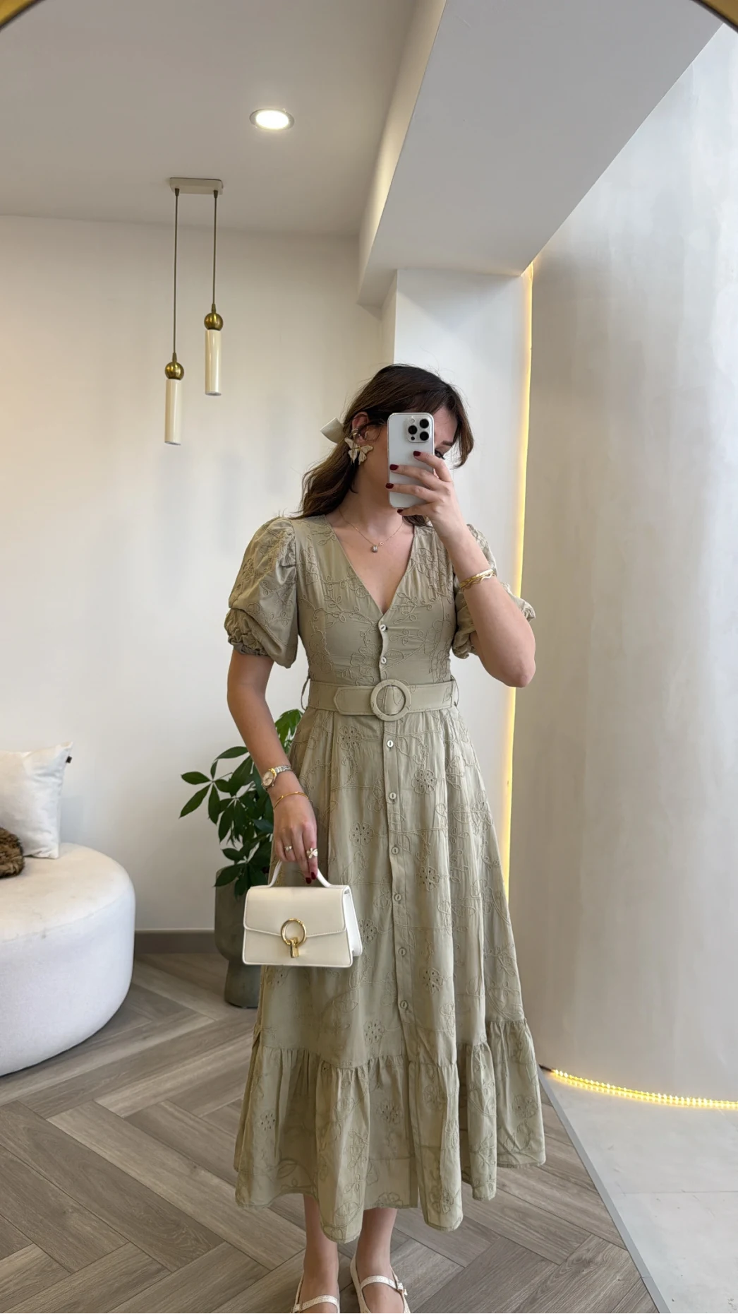 V Yaka Balon Kol Çiçek Nakışlı Kemerli Pamuk Elbise - Olive - Kod: 3076