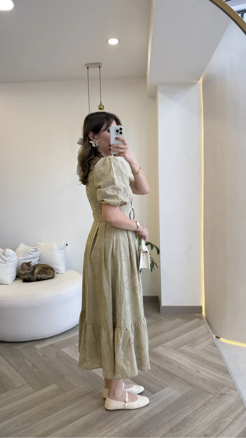 V Yaka Balon Kol Çiçek Nakışlı Kemerli Pamuk Elbise - Olive - Kod: 3076