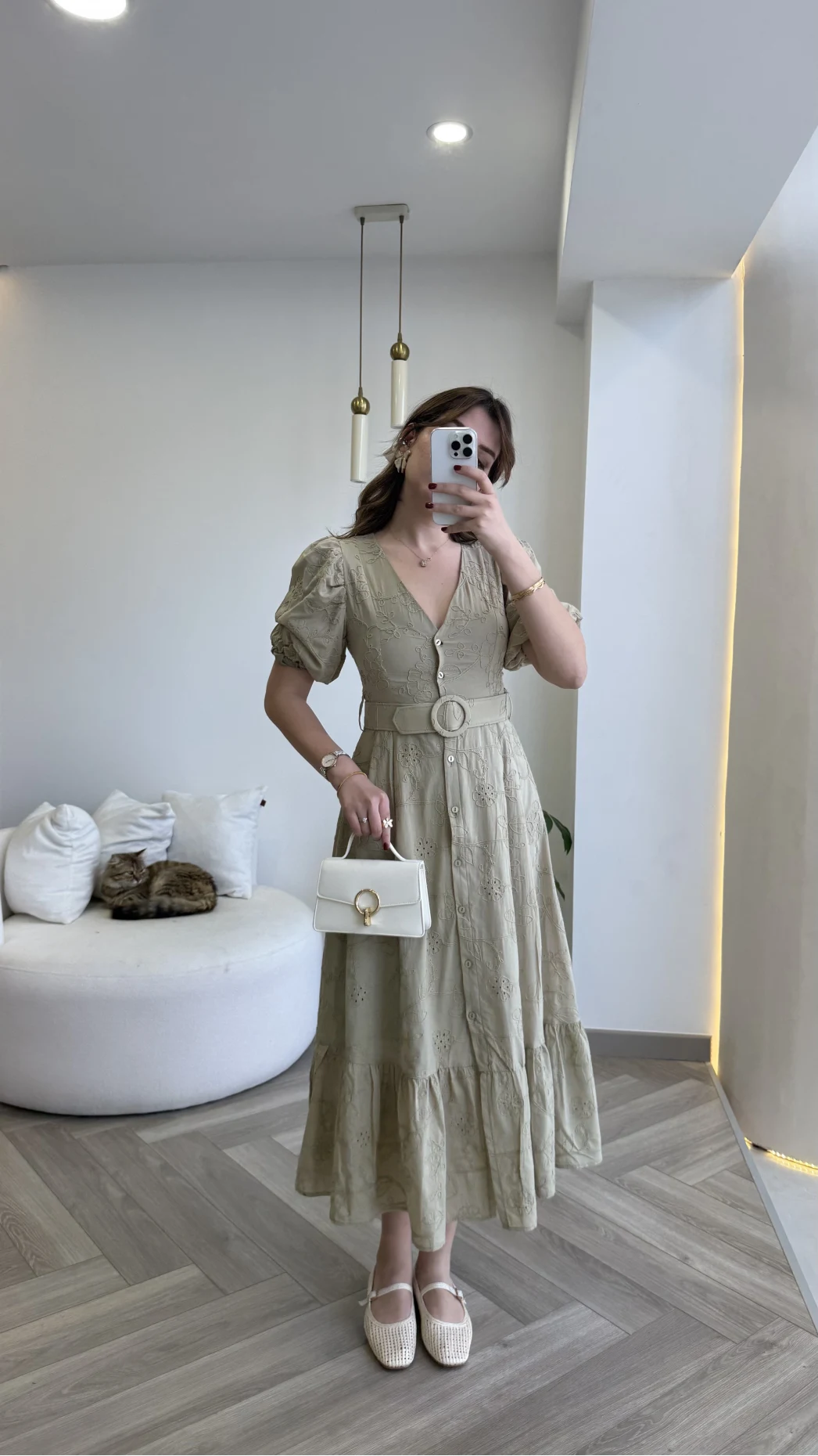 V Yaka Balon Kol Çiçek Nakışlı Kemerli Pamuk Elbise - Olive - Kod: 3076