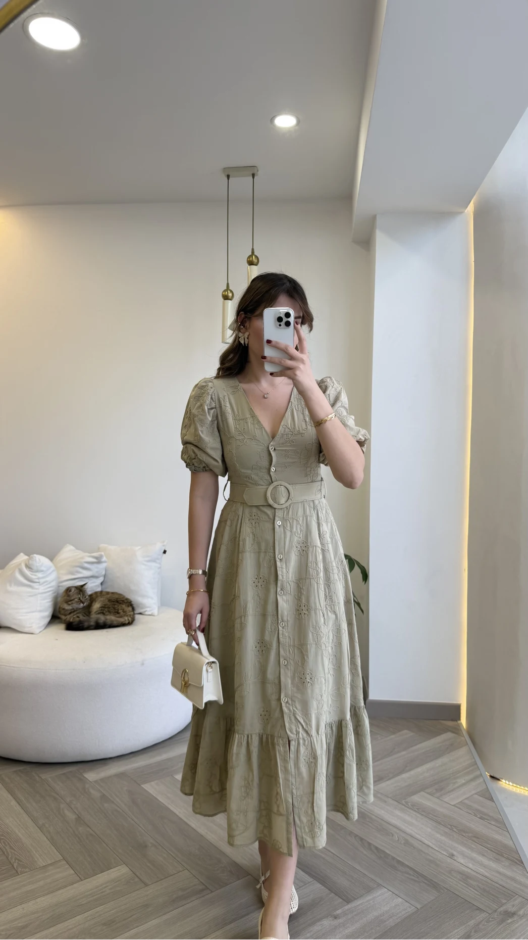 V Yaka Balon Kol Çiçek Nakışlı Kemerli Pamuk Elbise - Olive - Kod: 3076