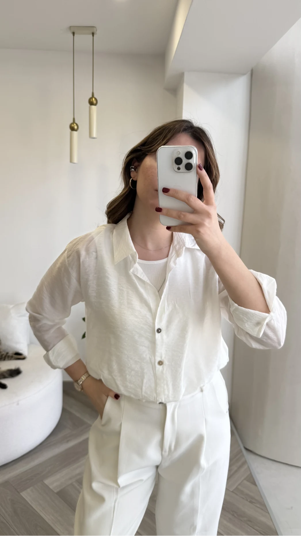 Aksesuar Detaylı Body Gömlek - Beyaz - Kod: 2016