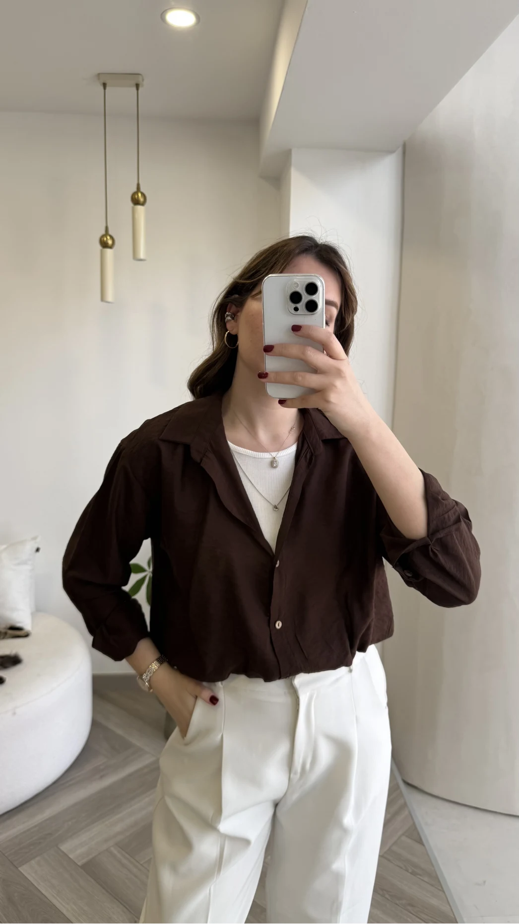 Aksesuar Detaylı Body Gömlek - Kahverengi - Kod: 2016