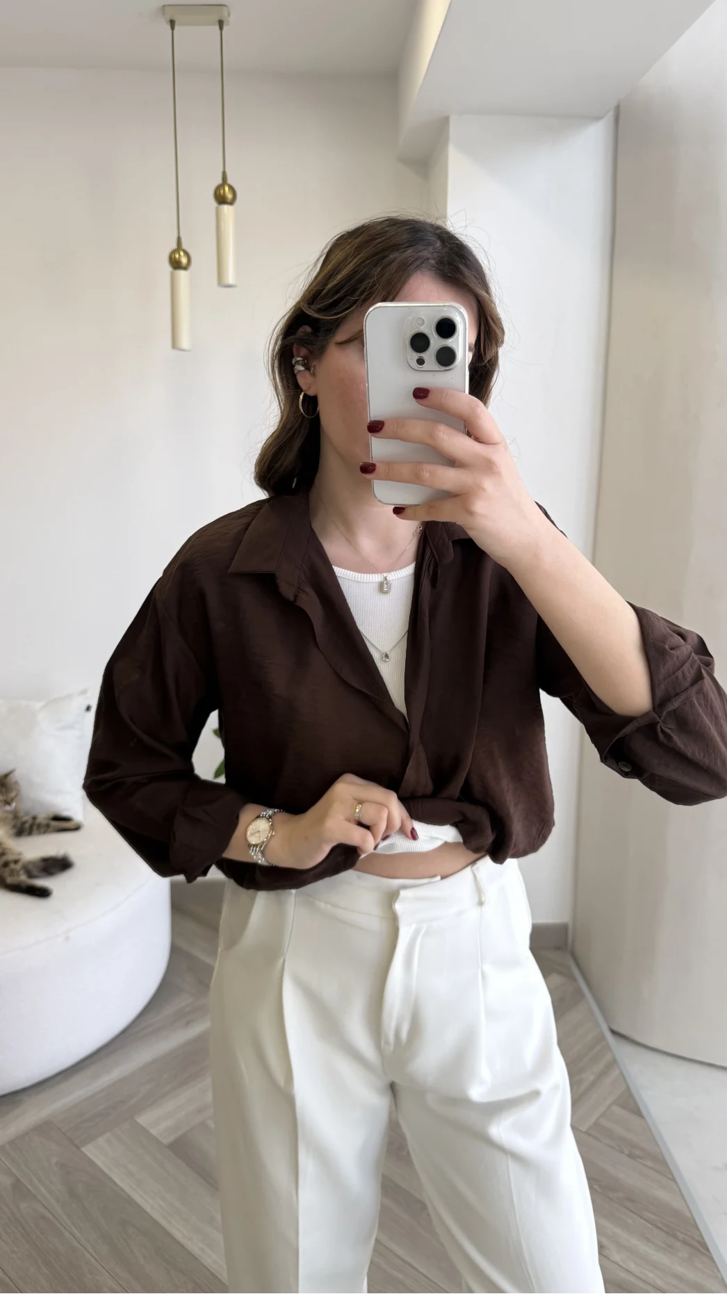 Aksesuar Detaylı Body Gömlek - Kahverengi - Kod: 2016