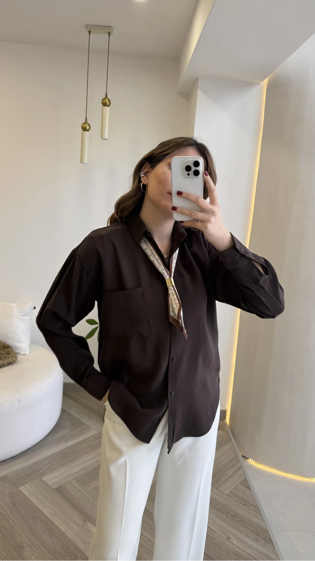 Pamuk Kumaş Fularlı Gömlek - Acı Kahve