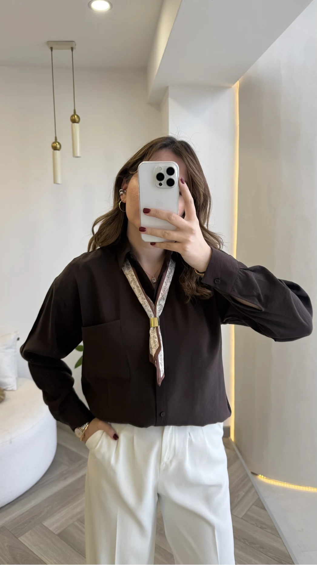 Pamuk Kumaş Fularlı Gömlek - Acı Kahve