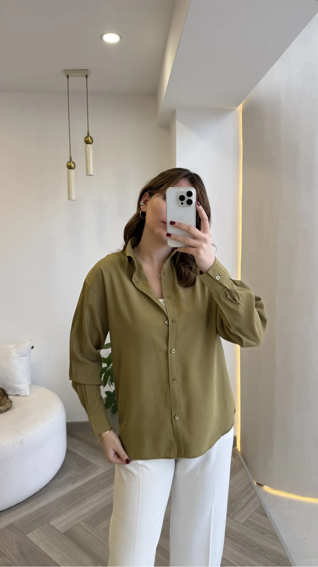 Pamuk Kumaş Fularlı Gömlek - Haki