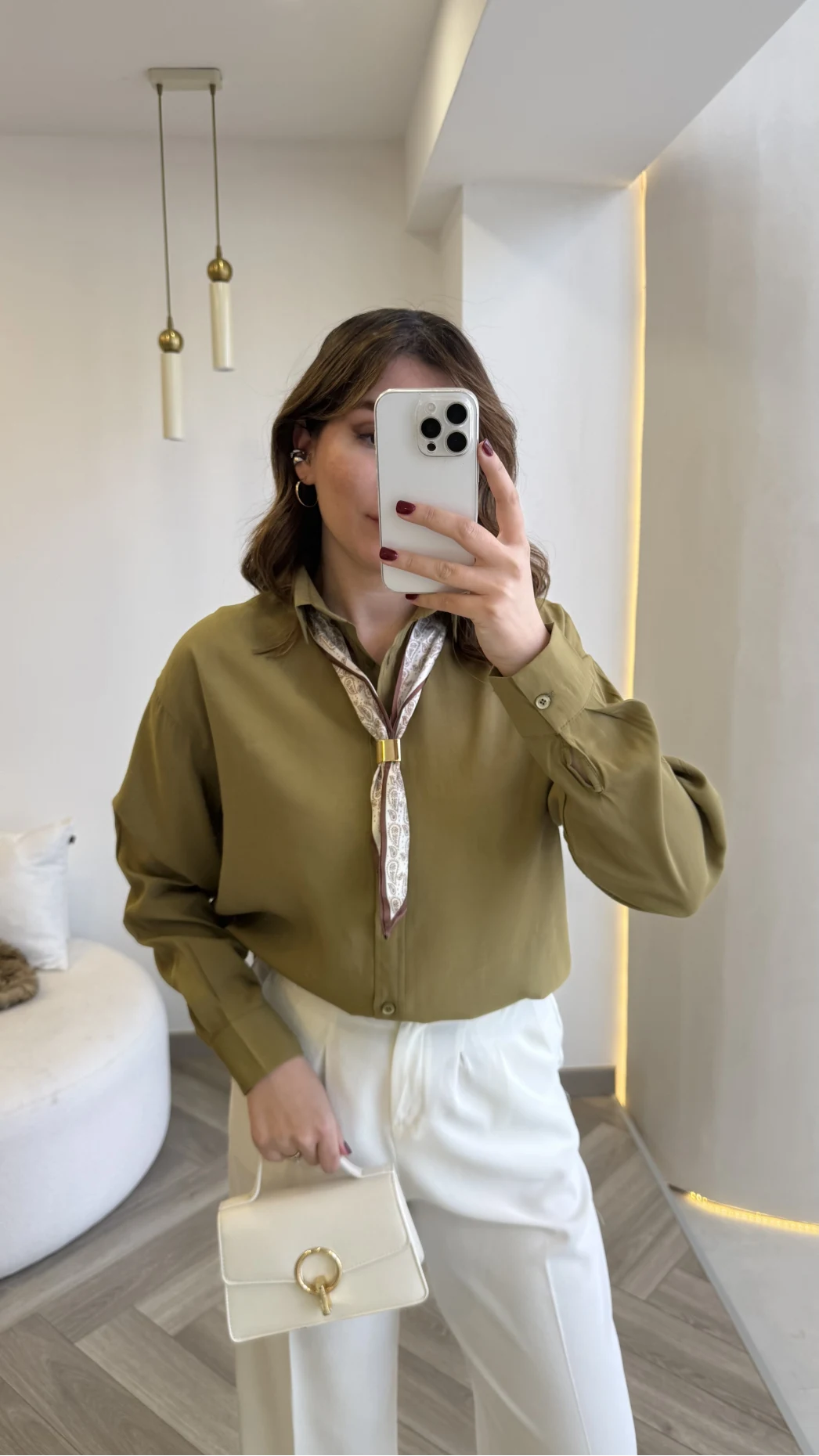 Pamuk Kumaş Fularlı Gömlek - Haki