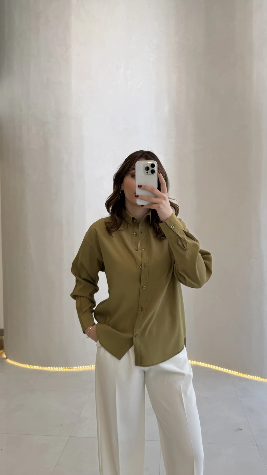 Pamuk Kumaş Fularlı Gömlek - Haki