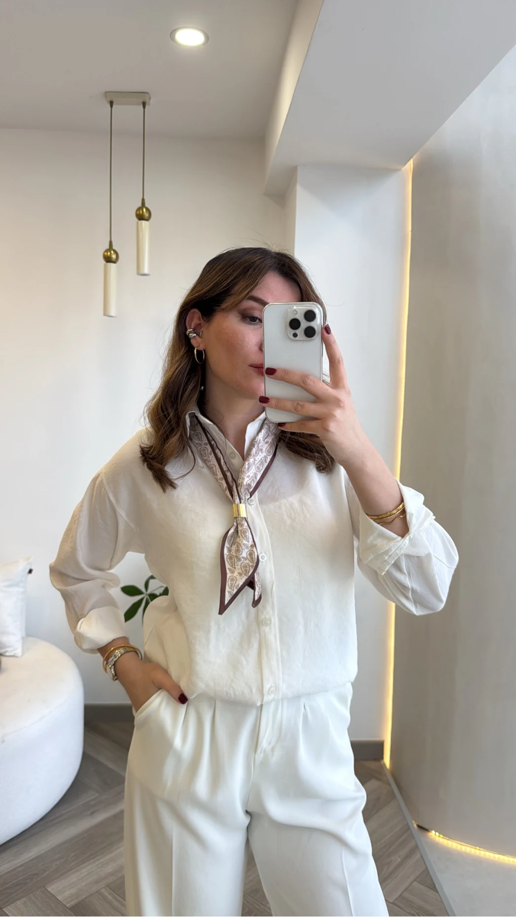 Pamuk Kumaş Fularlı Gömlek - Ekru