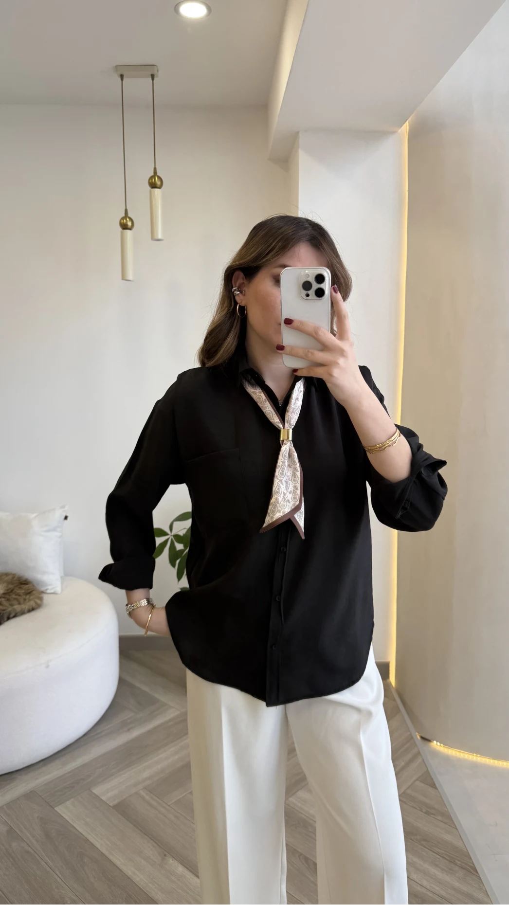 Pamuk Kumaş Fularlı Gömlek - Siyah