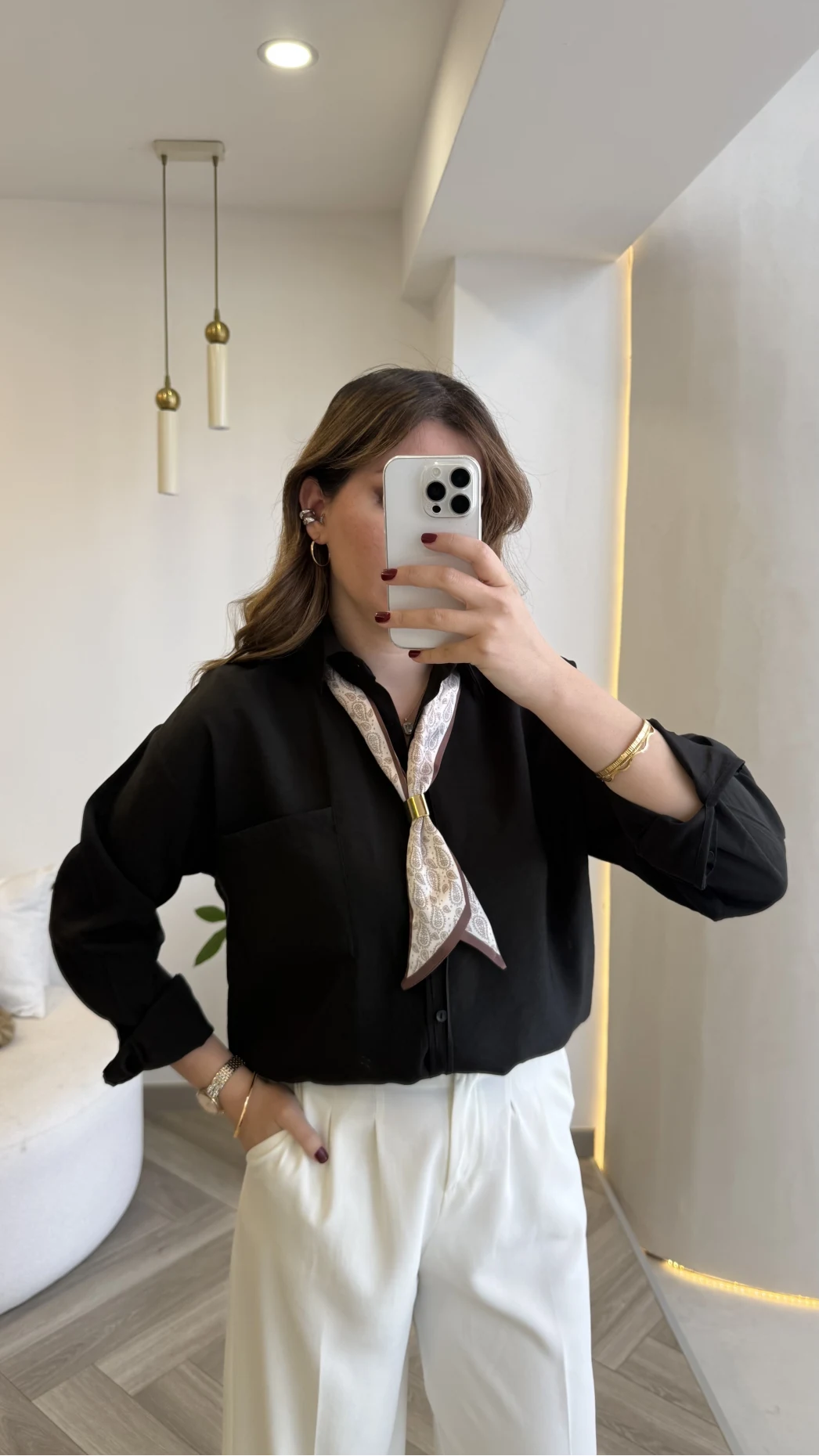 Pamuk Kumaş Fularlı Gömlek - Siyah