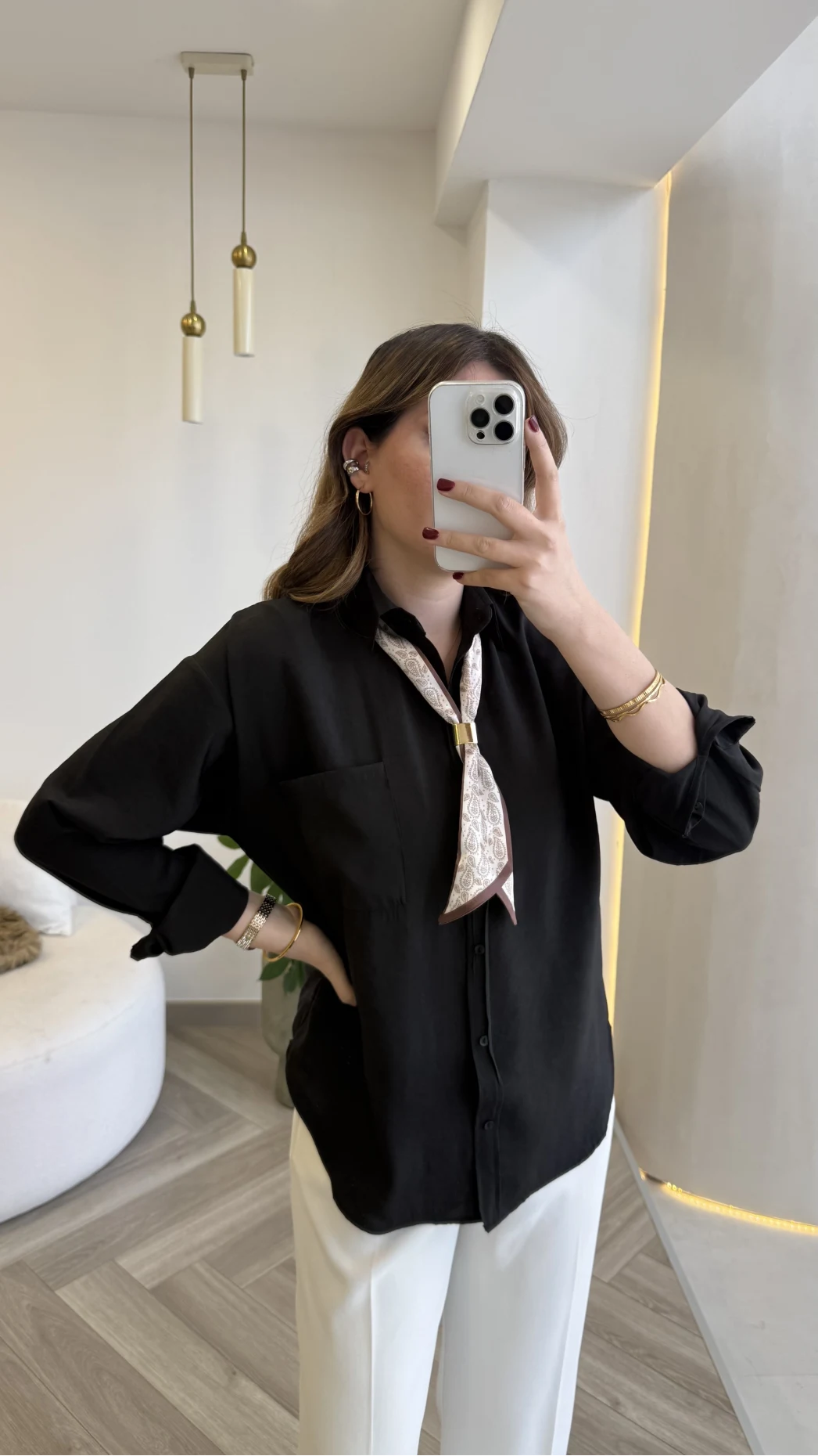 Pamuk Kumaş Fularlı Gömlek - Siyah