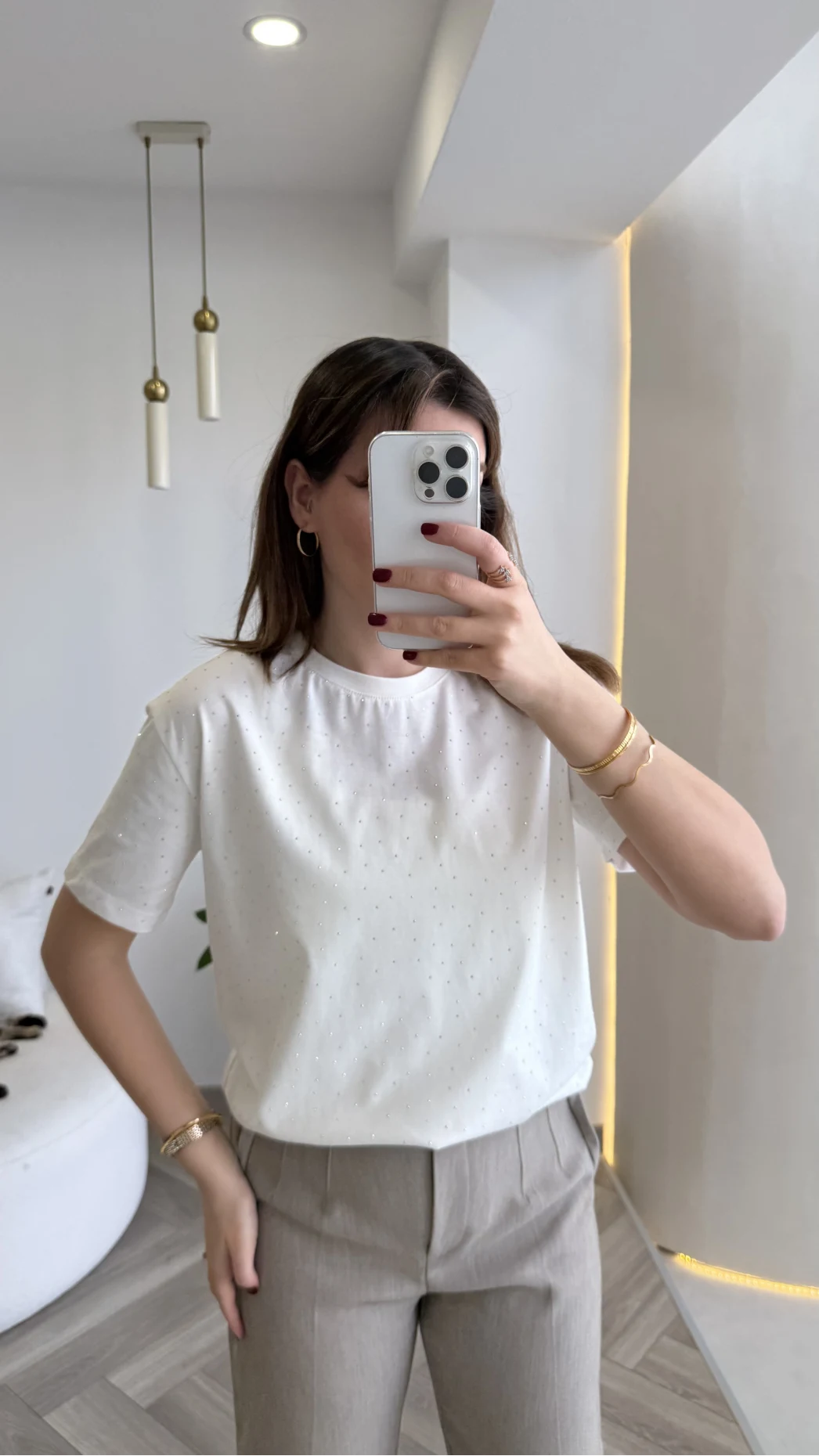 Sorrento Taşlı T-shirt - Ekru - Kod: 8491