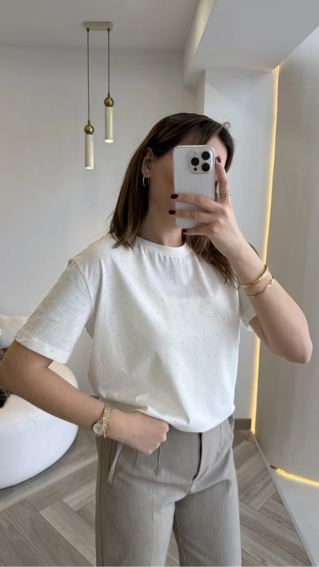 Sorrento Taşlı T-shirt - Ekru - Kod: 8491