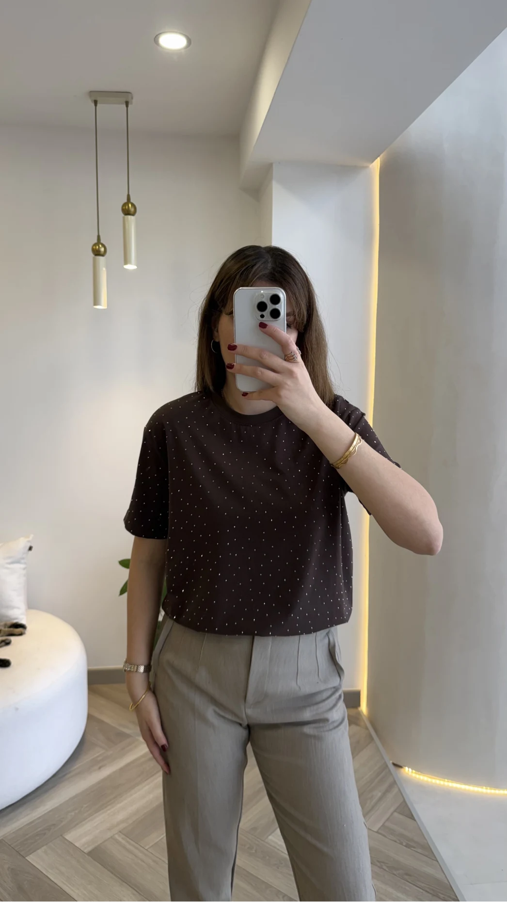 Sorrento Taşlı T-shirt - Kahverengi - Kod: 8491