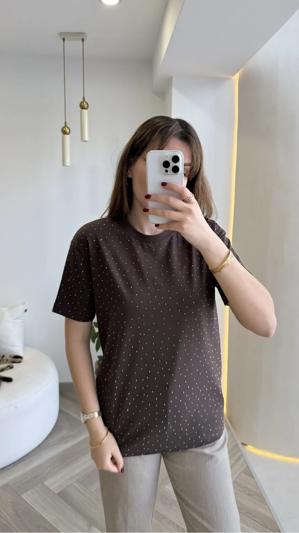 Sorrento Taşlı T-shirt - Kahverengi - Kod: 8491