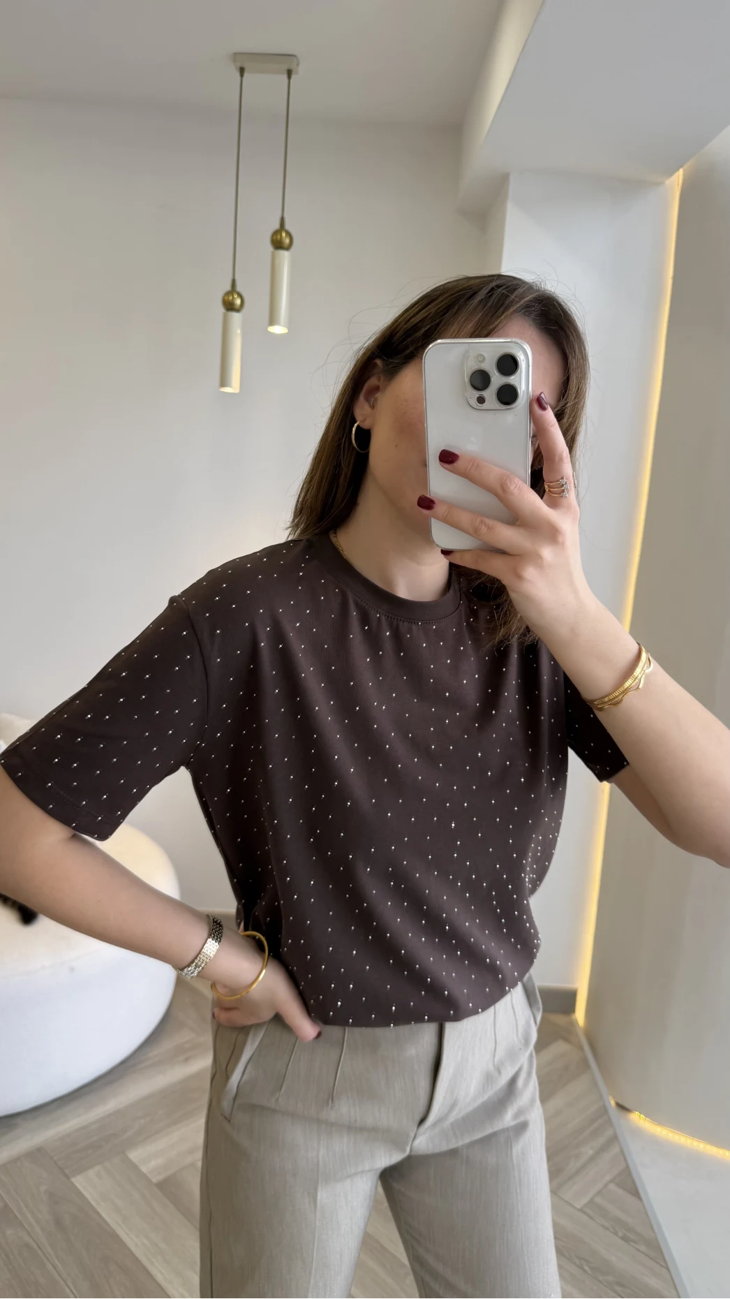 Sorrento Taşlı T-shirt - Kahverengi - Kod: 8491