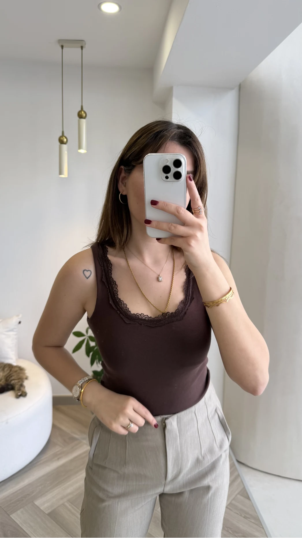 Dantel Detay Kalın Askılı Body - Kahverengi - Kod: 1053