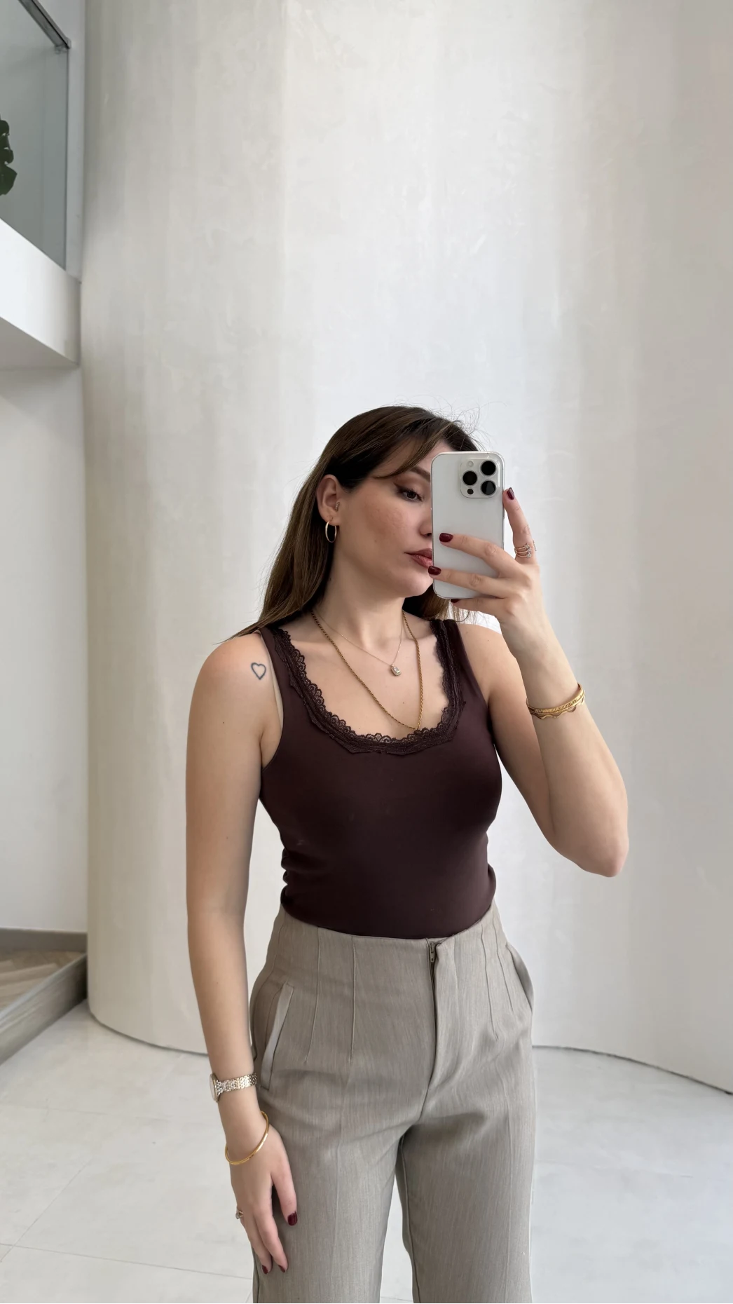 Dantel Detay Kalın Askılı Body - Kahverengi - Kod: 1053