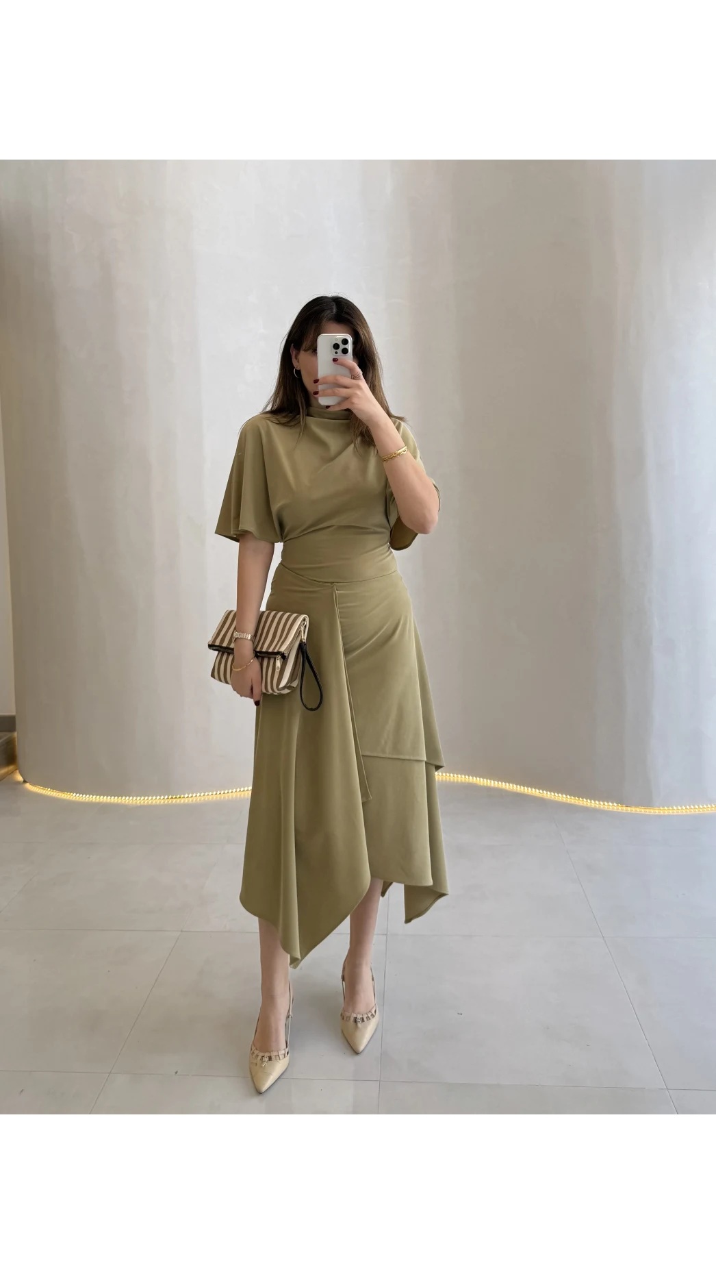 Flawless Modal Kumaş Asimetrik Kesim Etek Bluz Takım - Haki - Kod: 0931