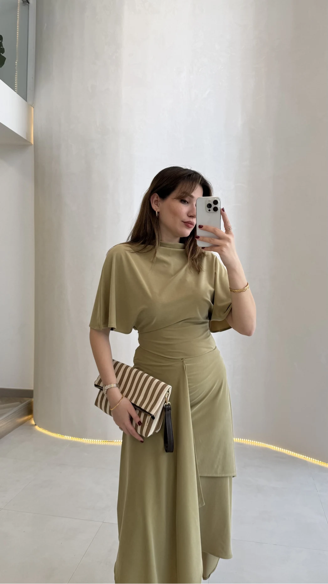 Flawless Modal Kumaş Asimetrik Kesim Etek Bluz Takım - Haki - Kod: 0931