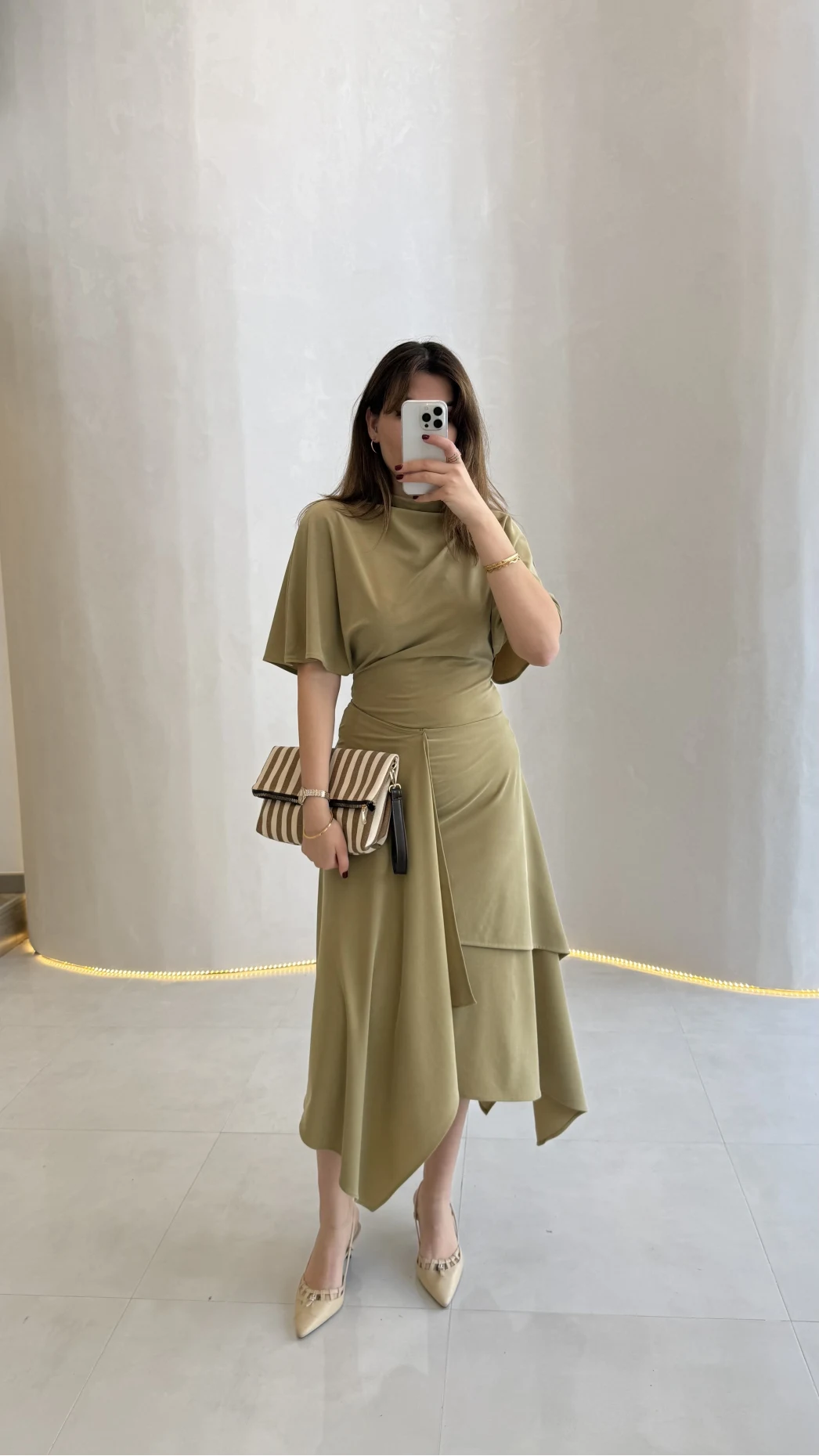 Flawless Modal Kumaş Asimetrik Kesim Etek Bluz Takım - Haki - Kod: 0931