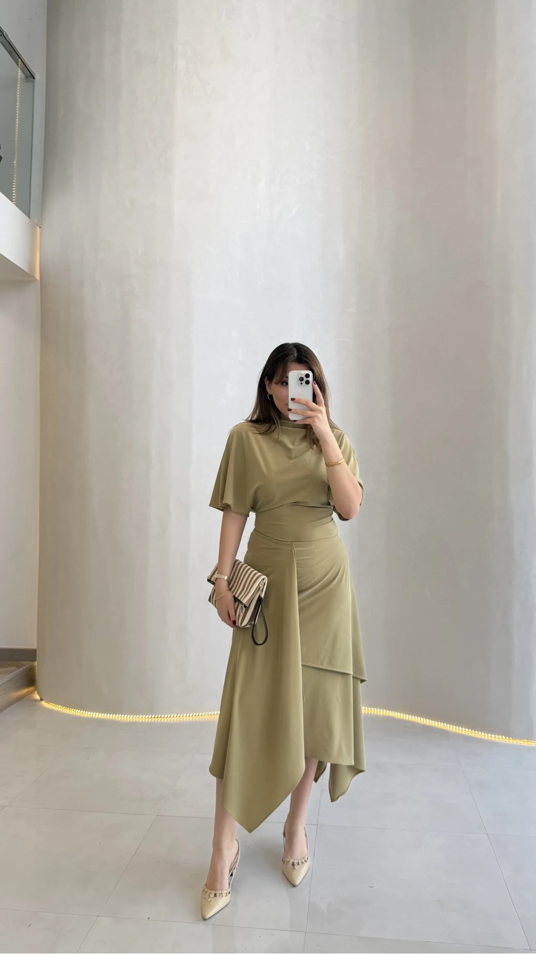 Flawless Modal Kumaş Asimetrik Kesim Etek Bluz Takım - Haki - Kod: 0931