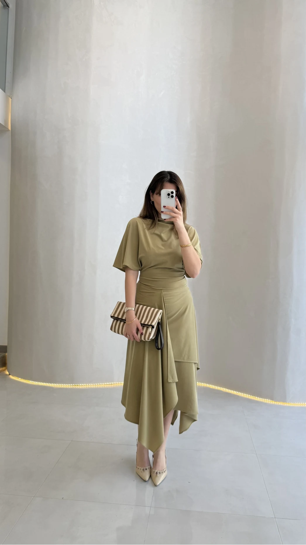 Flawless Modal Kumaş Asimetrik Kesim Etek Bluz Takım - Haki - Kod: 0931