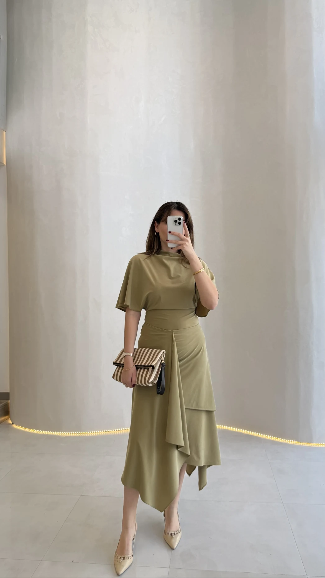 Flawless Modal Kumaş Asimetrik Kesim Etek Bluz Takım - Haki - Kod: 0931