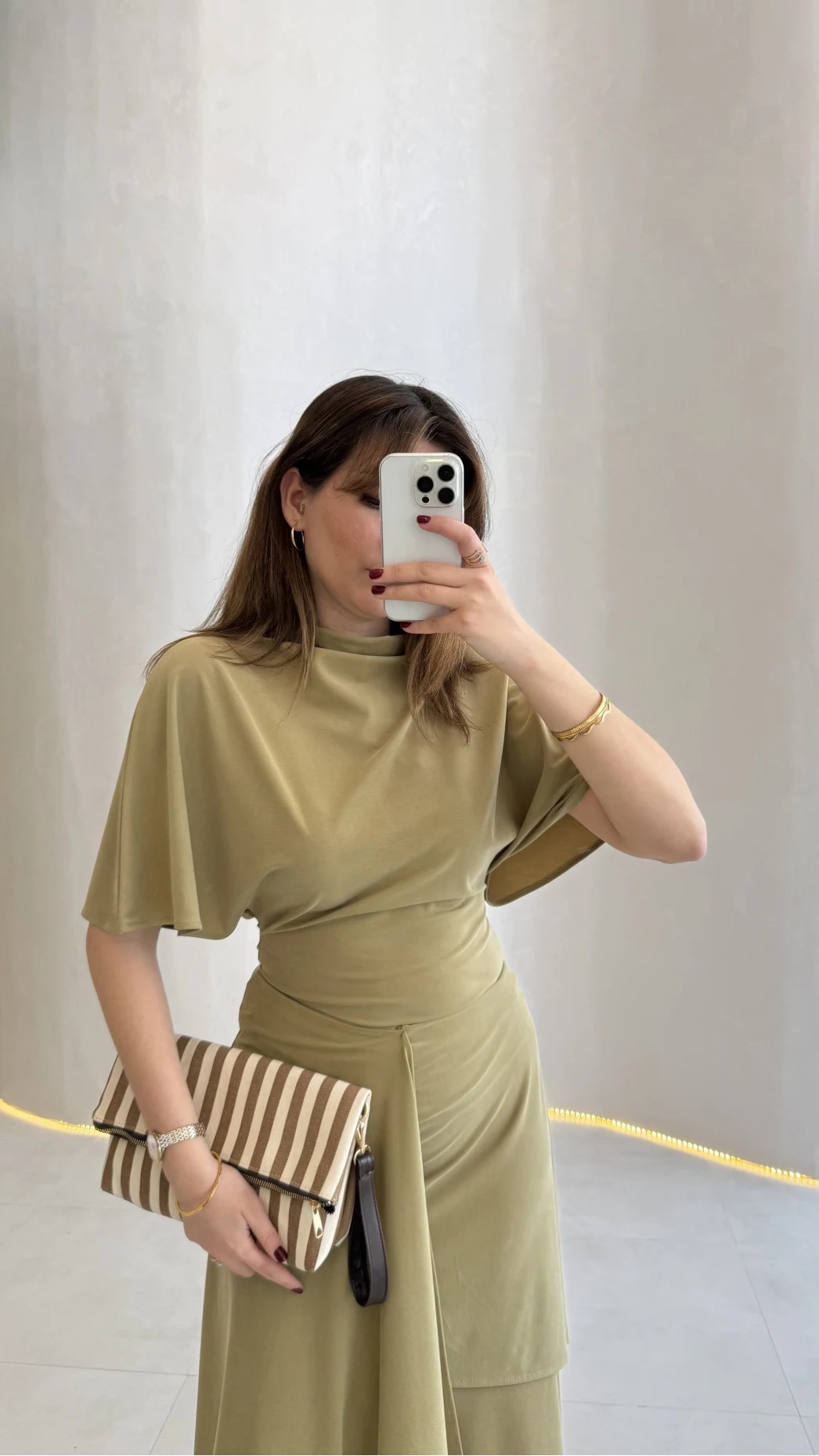 Flawless Modal Kumaş Asimetrik Kesim Etek Bluz Takım - Haki - Kod: 0931