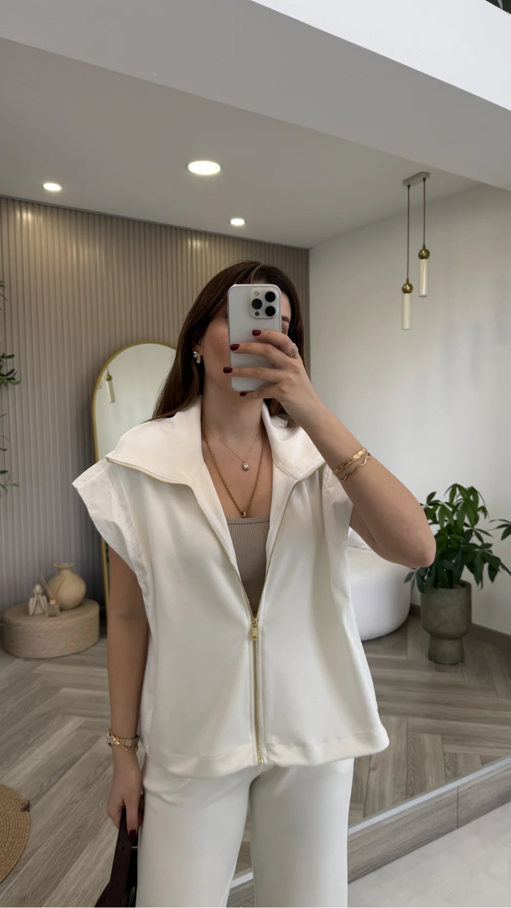 Gold Detaylı Paraşüt Kumaşlı Yelek Eşofman Takım - Ekru - Kod: 4110