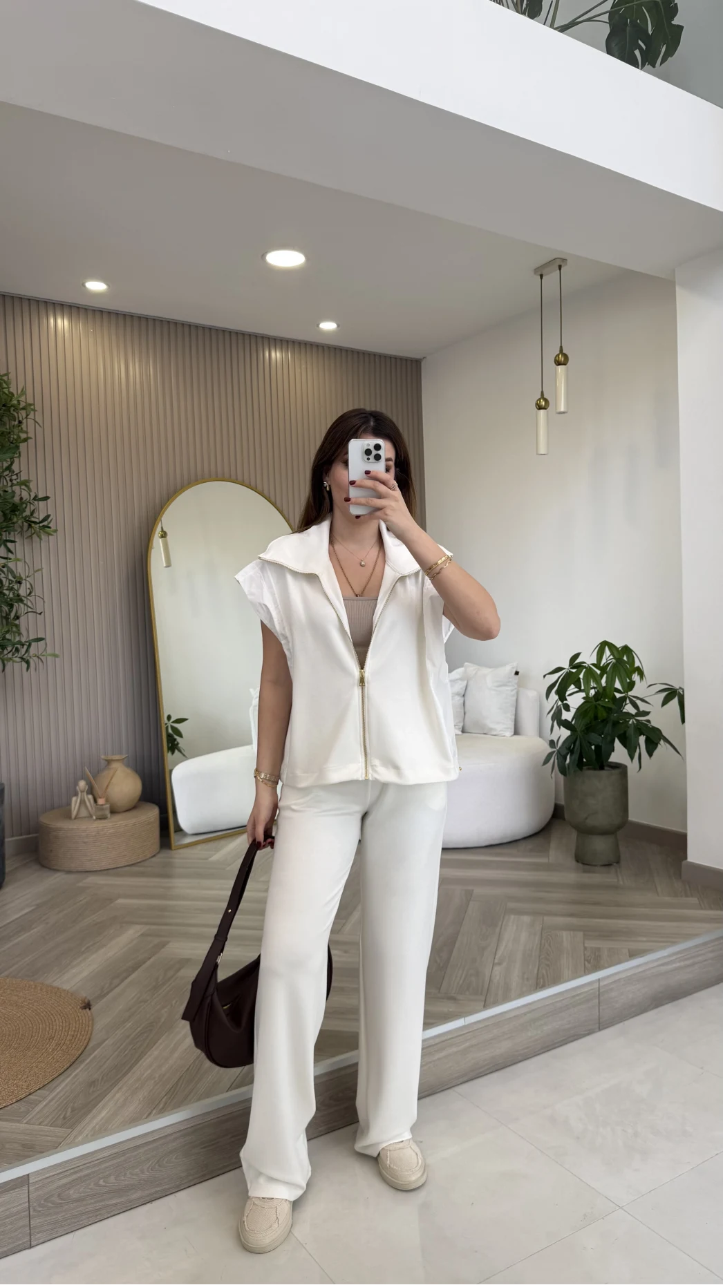 Gold Detaylı Paraşüt Kumaşlı Yelek Eşofman Takım - Ekru - Kod: 4110