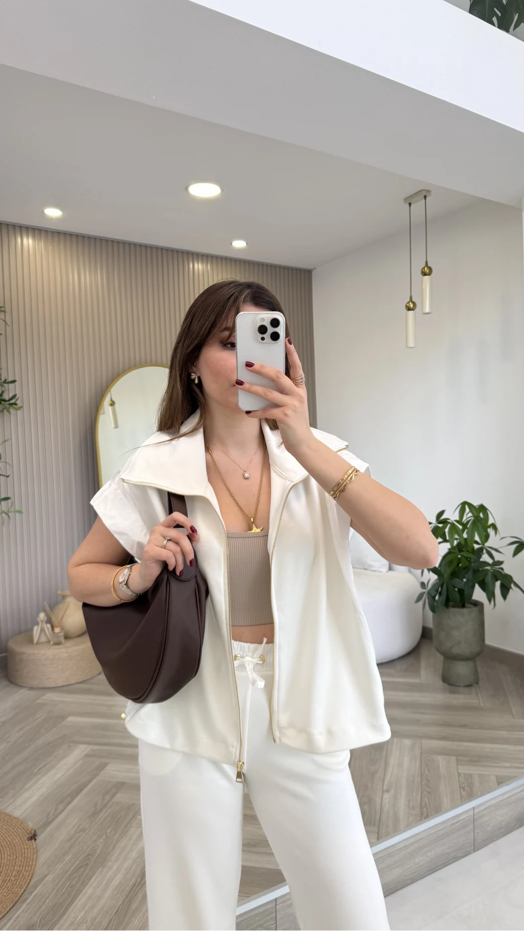 Gold Detaylı Paraşüt Kumaşlı Yelek Eşofman Takım - Ekru - Kod: 4110