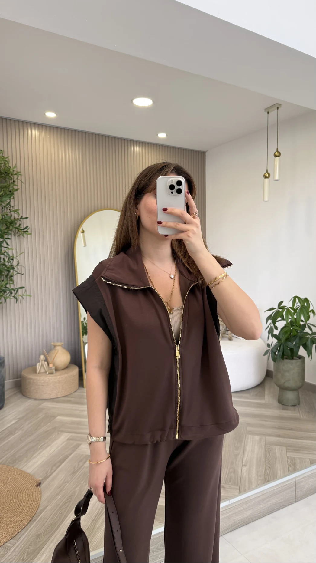 Gold Detaylı Paraşüt Kumaşlı Yelek Eşofman Takım - Kahverengi - Kod: 4110