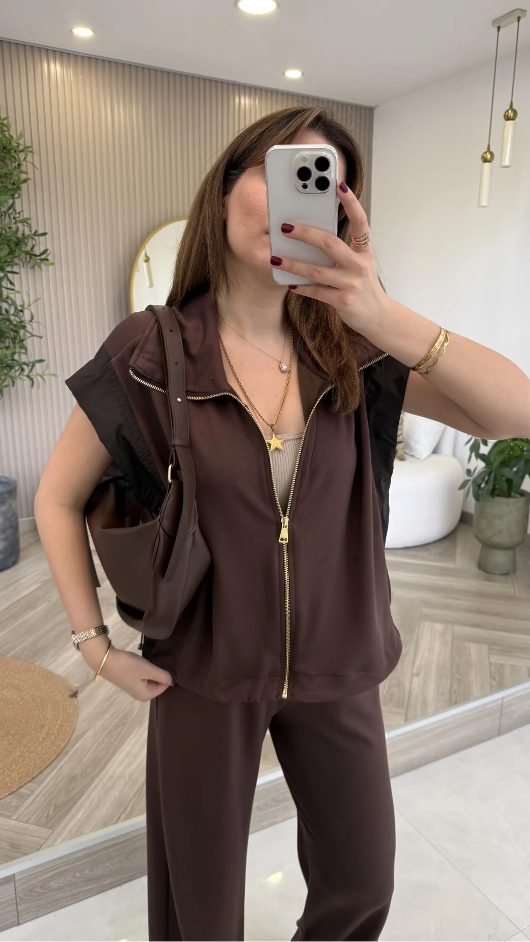 Gold Detaylı Paraşüt Kumaşlı Yelek Eşofman Takım - Kahverengi - Kod: 4110