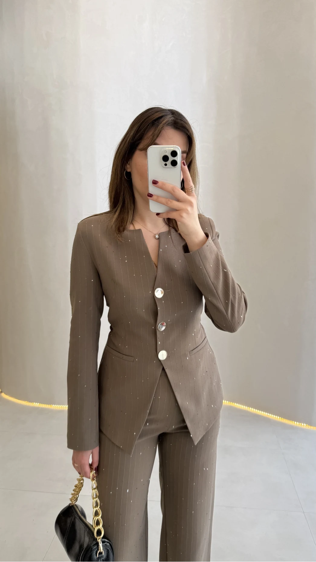 Sim ve Pul Detay Bağcıklı Ceket Pantolon Takım - Kahve - Kod: 80322