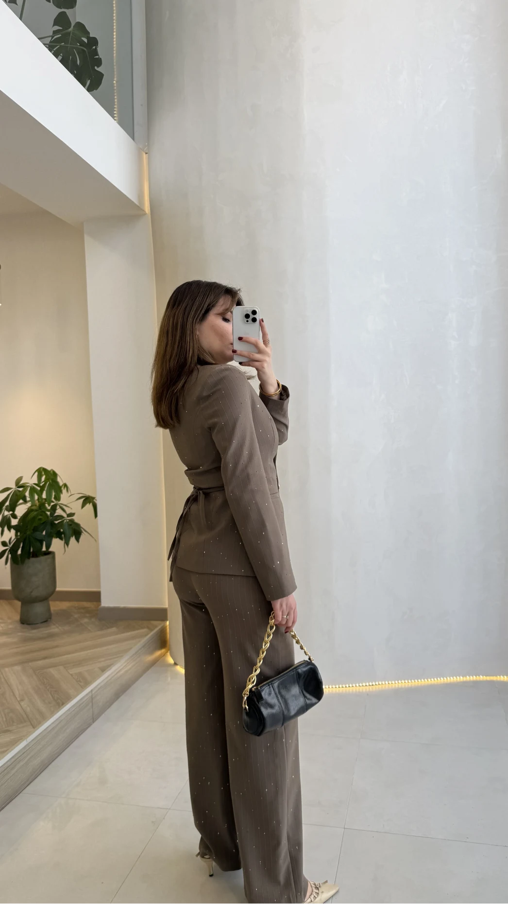 Sim ve Pul Detay Bağcıklı Ceket Pantolon Takım - Kahve - Kod: 80322