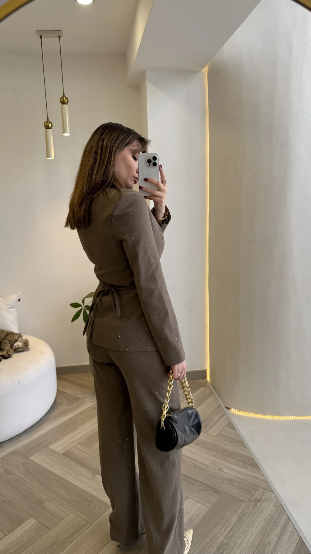 Sim ve Pul Detay Bağcıklı Ceket Pantolon Takım - Kahve - Kod: 80322