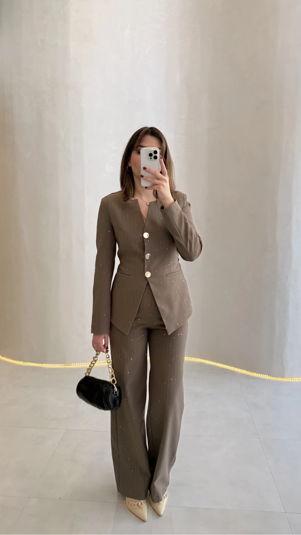 Sim ve Pul Detay Bağcıklı Ceket Pantolon Takım - Kahve - Kod: 80322