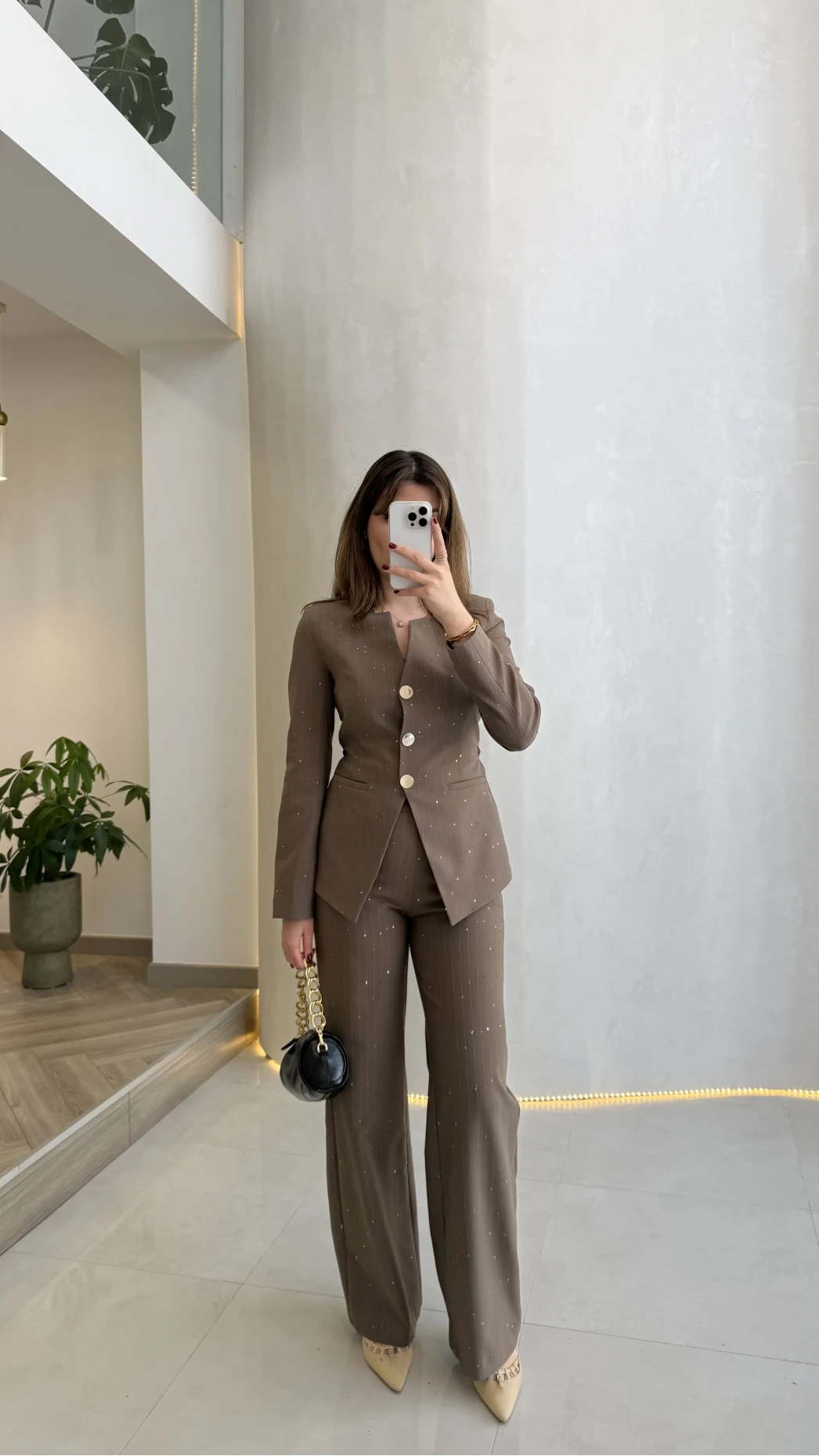 Sim ve Pul Detay Bağcıklı Ceket Pantolon Takım - Kahve - Kod: 80322