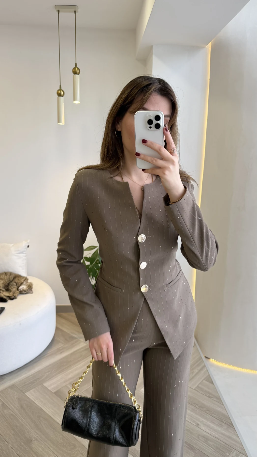 Sim ve Pul Detay Bağcıklı Ceket Pantolon Takım - Kahve - Kod: 80322