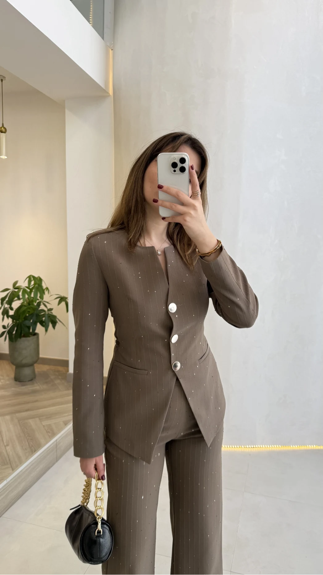 Sim ve Pul Detay Bağcıklı Ceket Pantolon Takım - Kahve - Kod: 80322