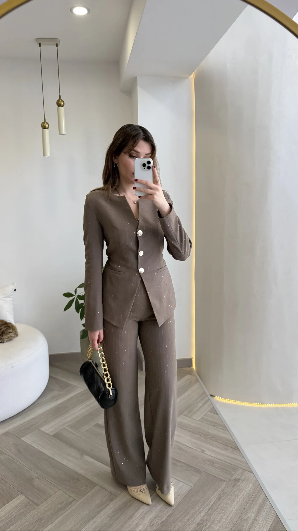 Sim ve Pul Detay Bağcıklı Ceket Pantolon Takım - Kahve - Kod: 80322