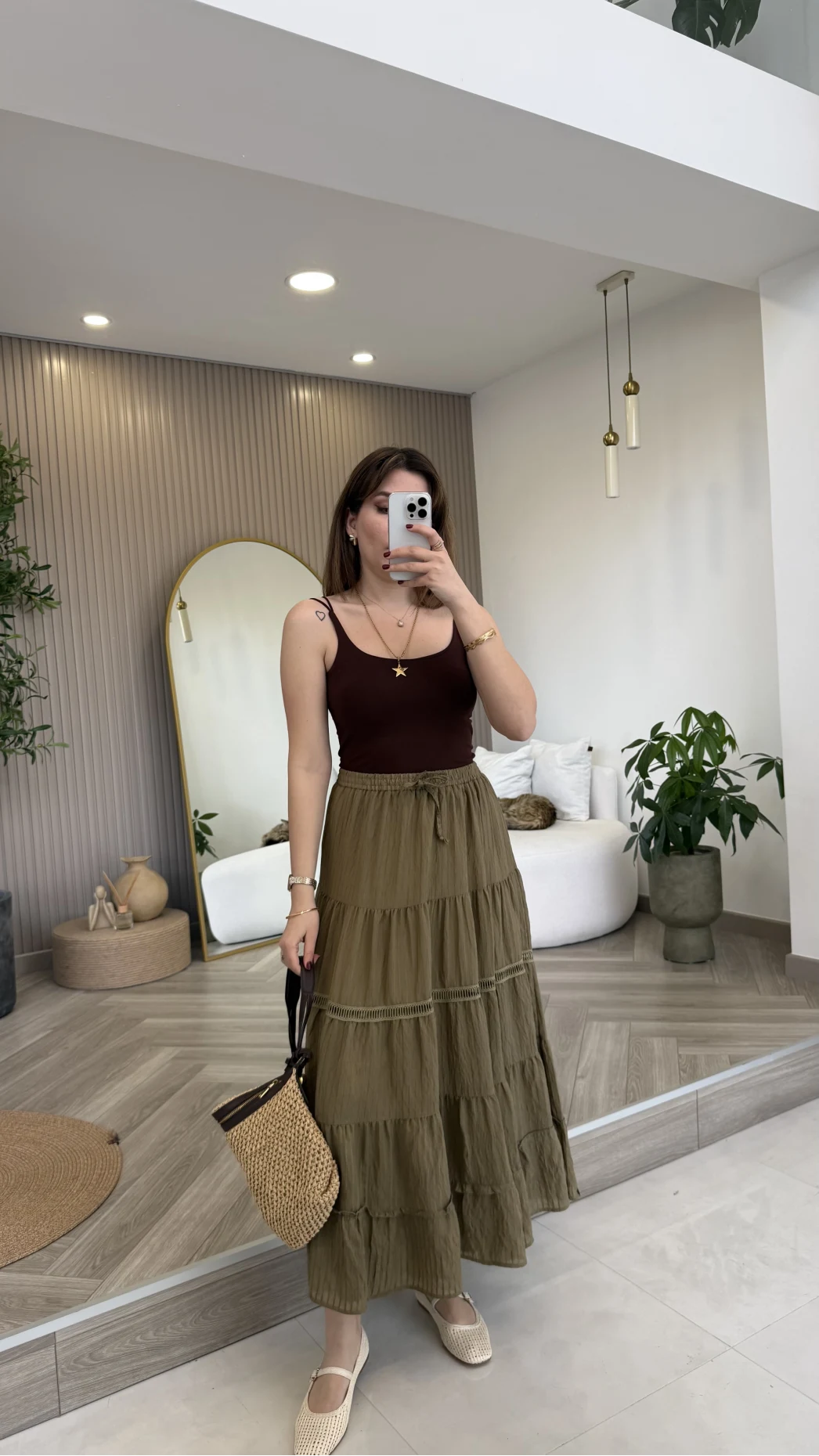 Ajur Şerit Detay Bürümcük Etek - Haki - Kod: 5056