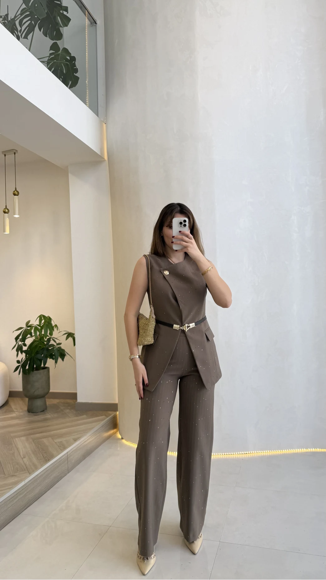 Arezzo Pul Detay Kemerli Yelek Takım - Vizon Kahve - Kod: 80359