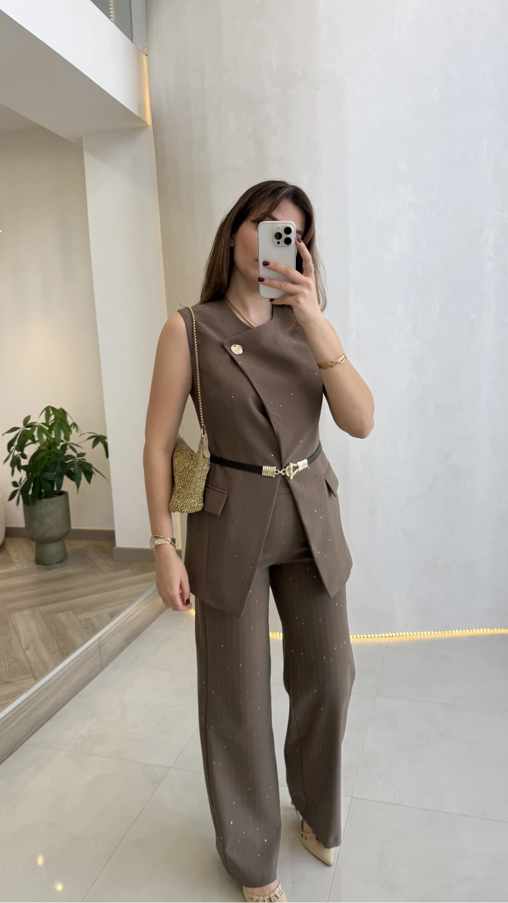 Arezzo Pul Detay Kemerli Yelek Takım - Vizon Kahve - Kod: 80359