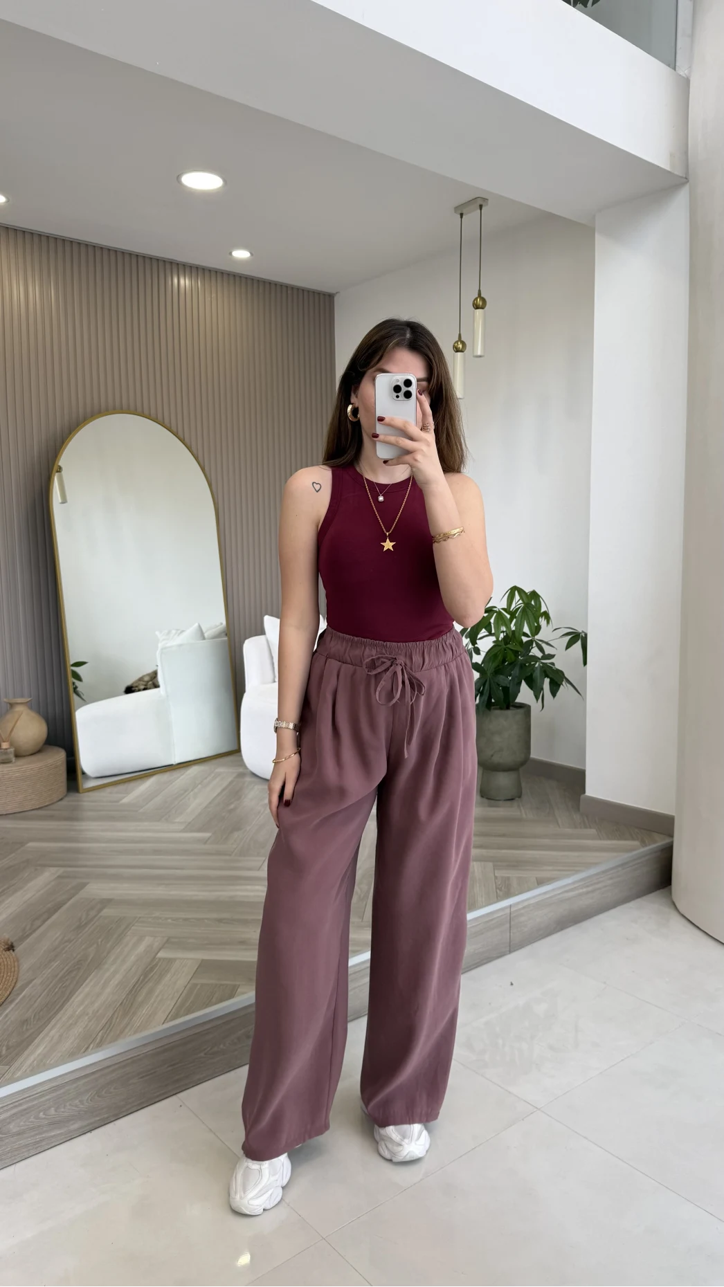 Menessa Bol Paça Beli Lastikli Pantolon - Gül Kurusu - Kod: 3720